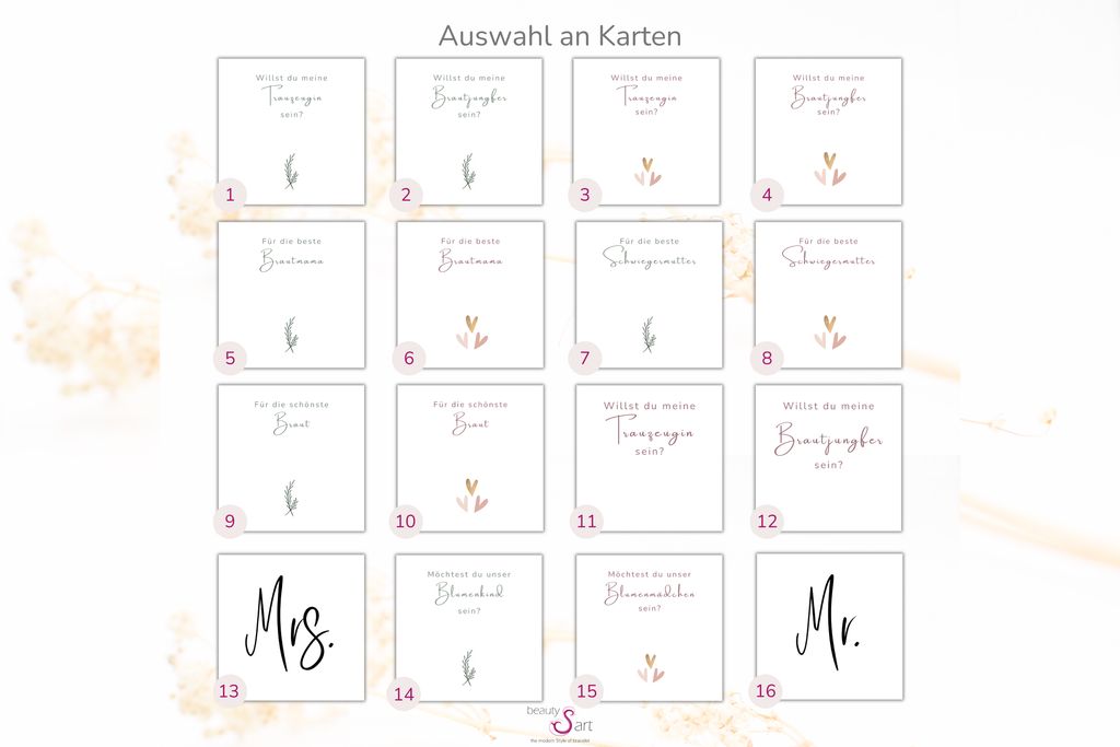 Übersicht über die Auswahl an Karten für Trauzeuginund Brautjungfer zur Hochzeit zu fragen