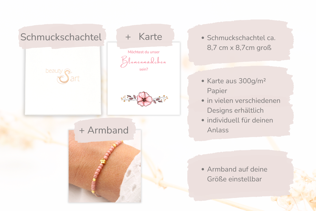 Kartengröße und Schmuckschachtel Maße für das Blumenkind Armband