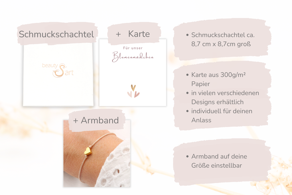 Übersicht über dir Größe der Karte und Schmuckschachtel für dein Blumenkind zu fragen
