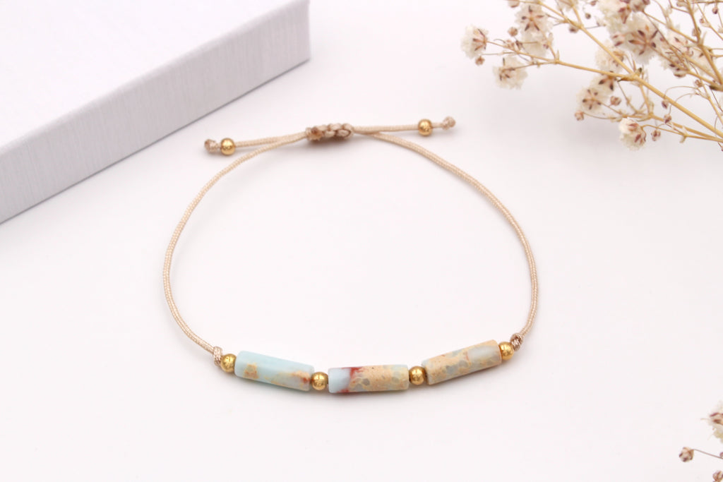 rosenholzfarbenes Makramee Armband Tube türkis mit 925 Silber Perlen vergoldet