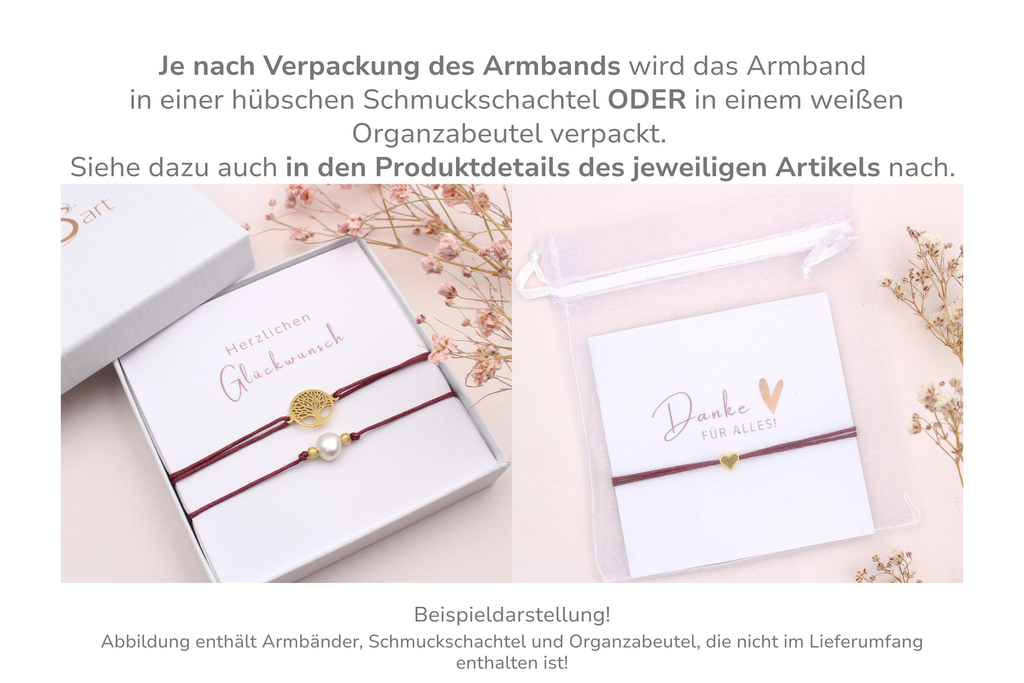 Karte mit Armband verpackt in einer Schmuckschachtel oder weißen Organzabeutel