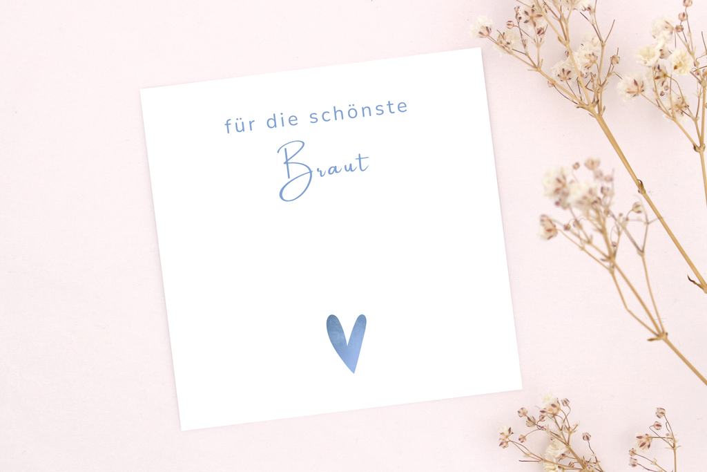 Weiß Blaue Karte mit Aufdruck: für die schönste Braut. Passend zu einem Blauen Armban und Schmuckschachtel von Beautysart Design