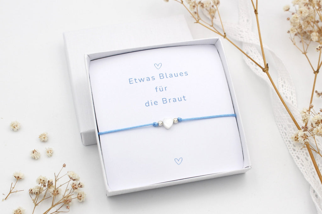 weiß blaues Armband mit Herz und Perlen als Braut Geschenk Set
