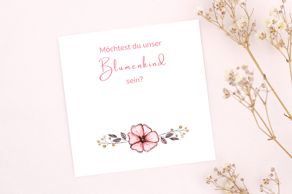 kleine Karte passend zu einem Armband für Kinder zur Hochzeit zu fragen: Möchtest du unser Blumenkind sein