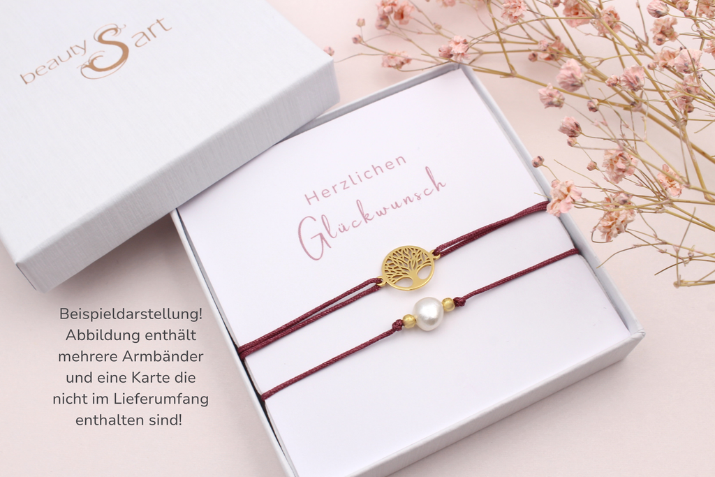 Lebensbaum Armband & Armband mit Süßwasserperle in Schmuckschachtel mit Karte als Inlay auf der Herzlichen Glückwunsch steht