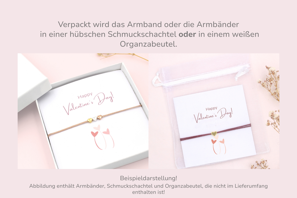 Karte mit Armband verpackt in einer Schmuckschachtel oder weißen Organzabeutel als Beispieldarstellung