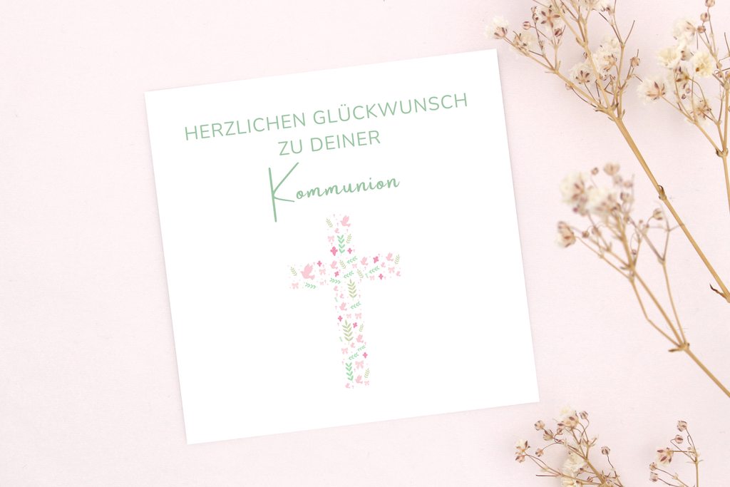 Herzlichen Glückwunsch zu deiner Kommunion Karte mit rosa grünem Kreuz, passend für alle Makramee Armbänder von Beautysart Design