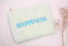 helle Kosmetiktasche mit gestickter Aufschrift Happiness im trendigen Teddy-Style