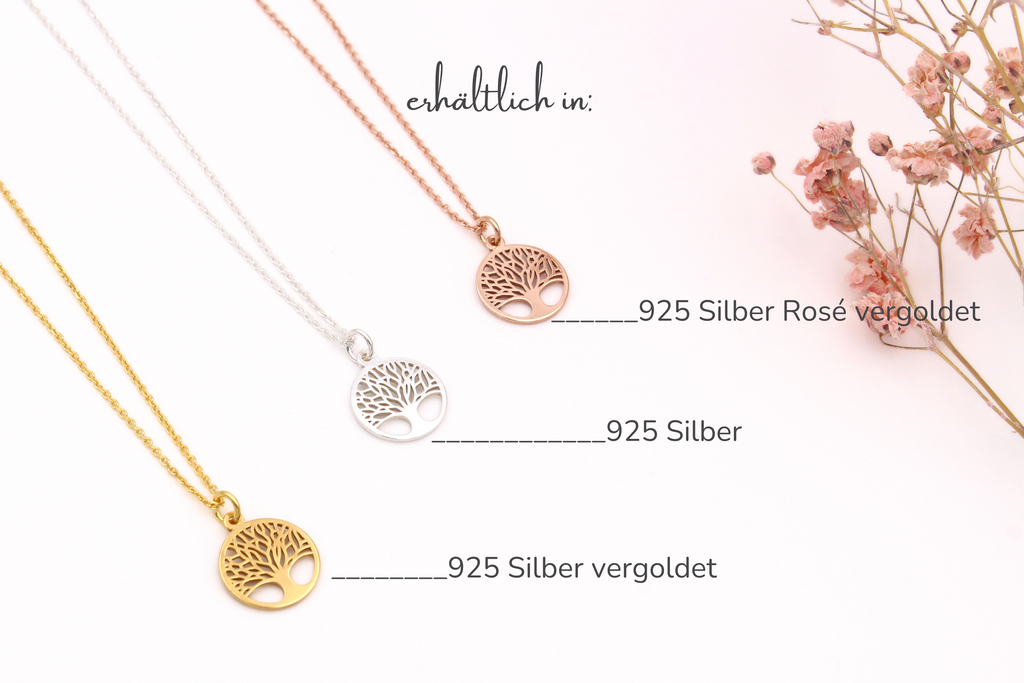 Übersicht der Farben für die Lebensbaum Kette aus 925 Silber, vergoldet oder Rosé vergoldet