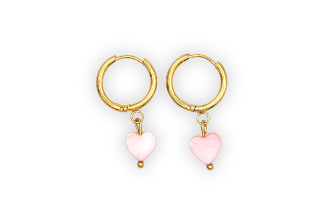 goldfarbene Edelstahl Creolen mit Herz Muschel Anhänger in rose oder weiß