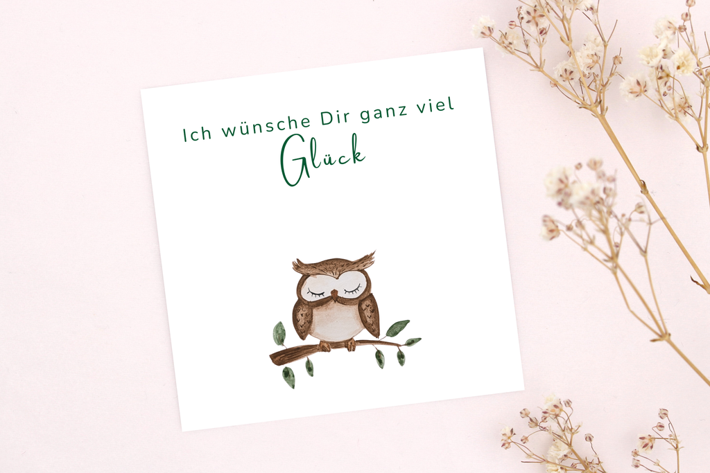 Mut Karte mit Eule für dein Armband mit Spruch, Ich wünsche dir ganz viel Glück