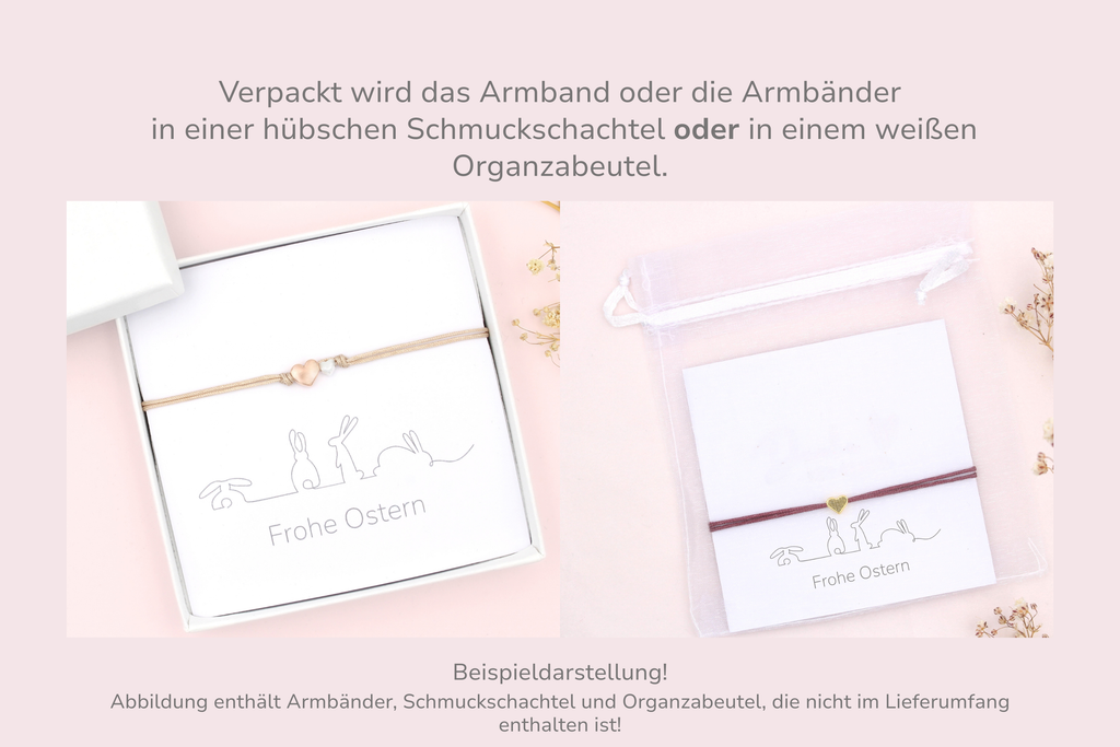 Karte mit Armband verpackt in einer Schmuckschachtel oder weißen Organzabeutel als Beispieldarstellung