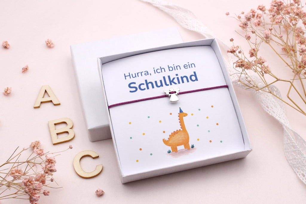 Schutzengel Armband mit Karte für das Schulkind, verpackt in hübscher Schmuckschachtel für die Schultüte