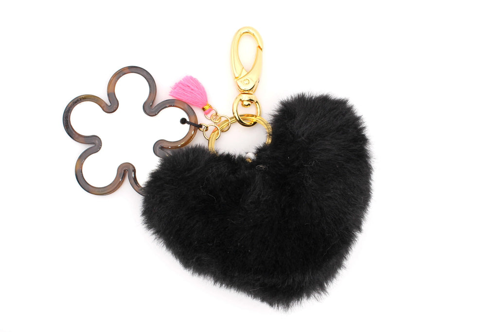 Anhänger für Tasche oder Schlüssel mit Spiegel und schwarzem flauschigen Herz