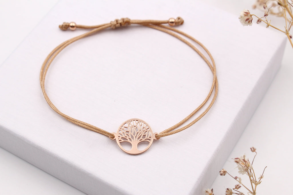 Baum des Lebens Armband aus 925 Silber Rosé vergoldet und Makramee als Schmuck Geschenk für die Frau und Freunde