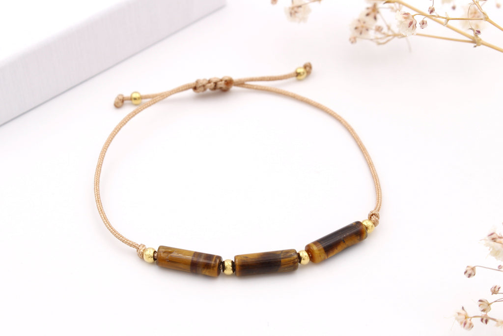 bronze farbenes Makramee Armband mit Tigeraugen Perlen in Röhrchen Form