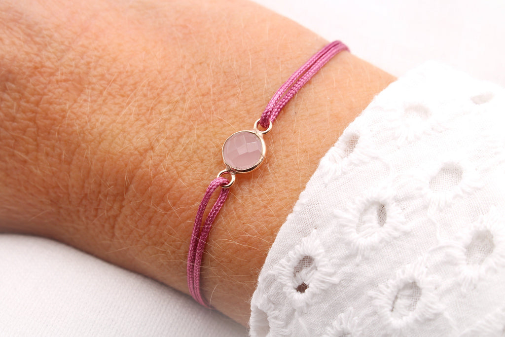 Armband Rosenquarz aus Makramee und 925 Silber Rosé vergoldet