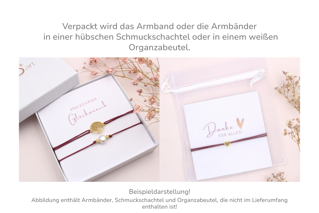 Karte mit Armband verpackt in einer Schmuckschachtel oder weißen Organzabeutel