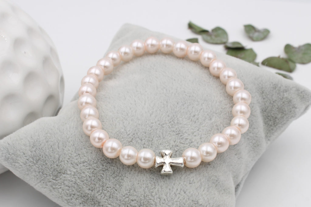 Kommunions Armband Kreuz silberfarben und rosa perlmutt Perlen