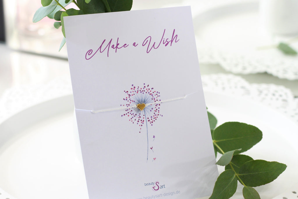 Make a Wish Wunscharmband mit Engel, Herz, Stern, Blume, oder Herz Anhänger, Bandfarbe Farbwahl, Armband mit Karte
