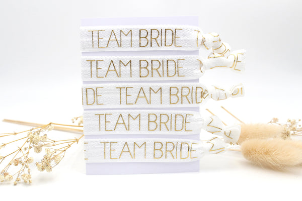 5 elastische Armbänder im Set in weiß für den Junggesellinnabschied oder die Braut Party