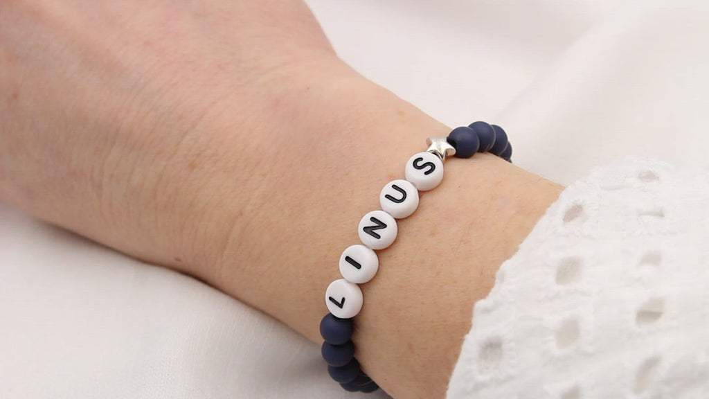 Namensarmband blau Stern Farbe silber, Initialen, Wunschname, Perlen Armband unisex