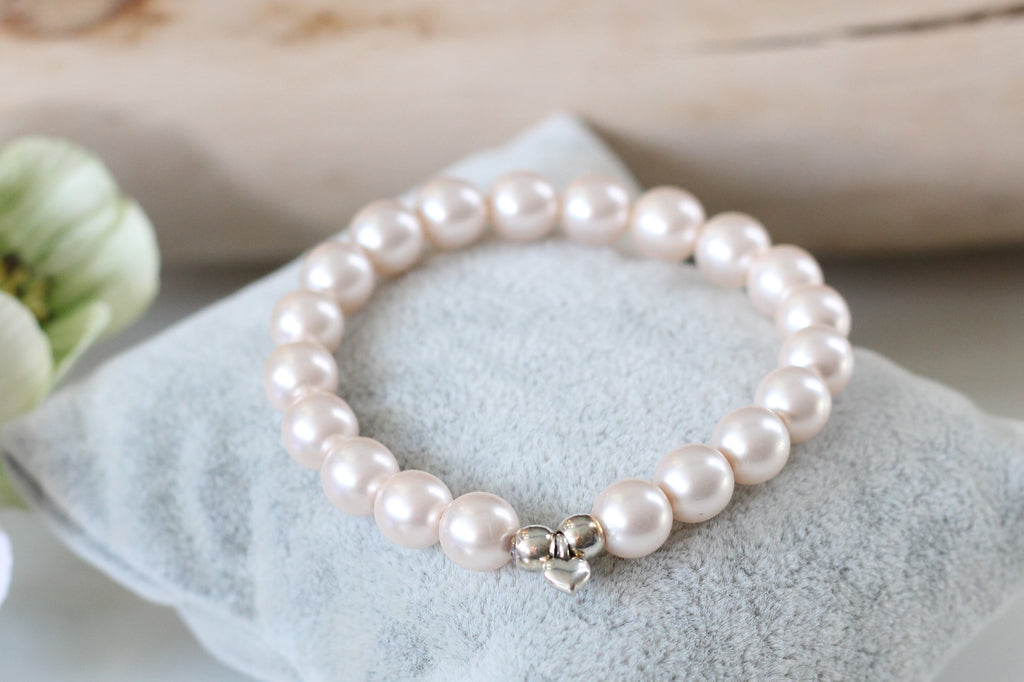 Perlenarmband perlmutt hell rosa Herz Anhänger Farbe silber, Armband Perlen 8mm, Geschenk, Herzarmband