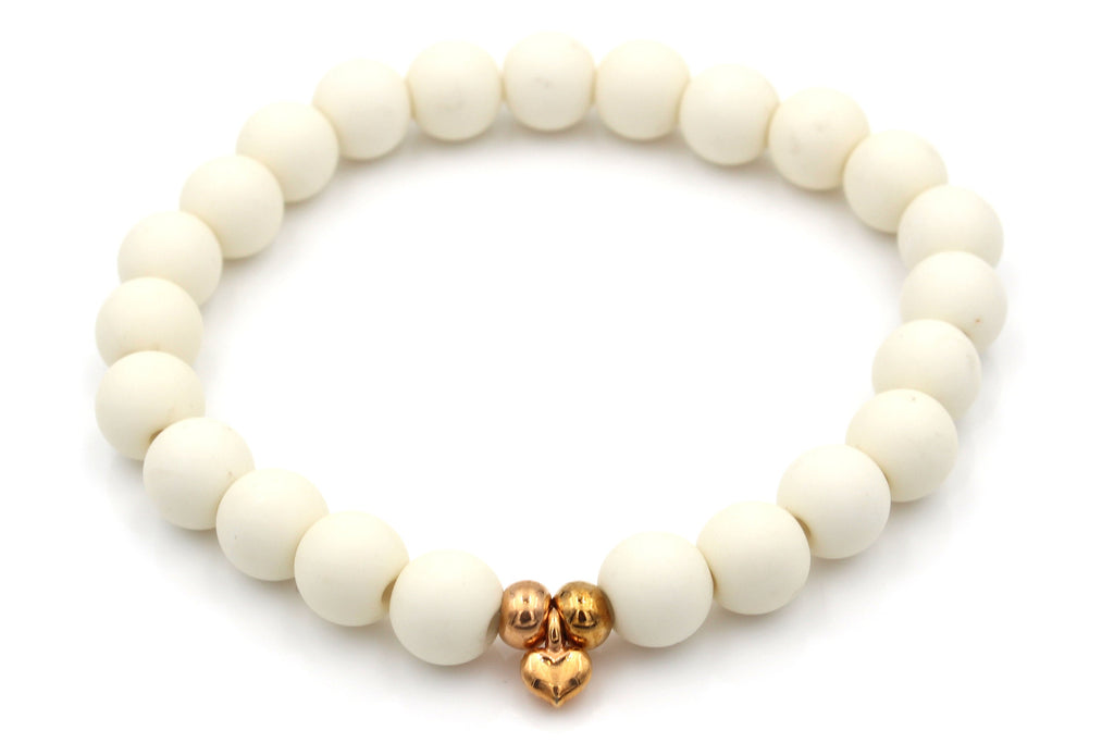 Perlenarmband Herz Anhänger Farbe rosegold, Armband Perlen 8mm creme matt, Herzarmband