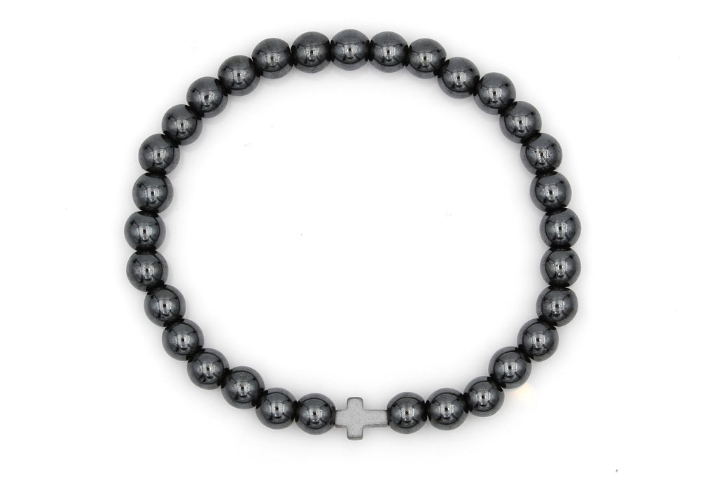 Kreuz Armband Herren aus schwarz grauen glänzenden Perlen
